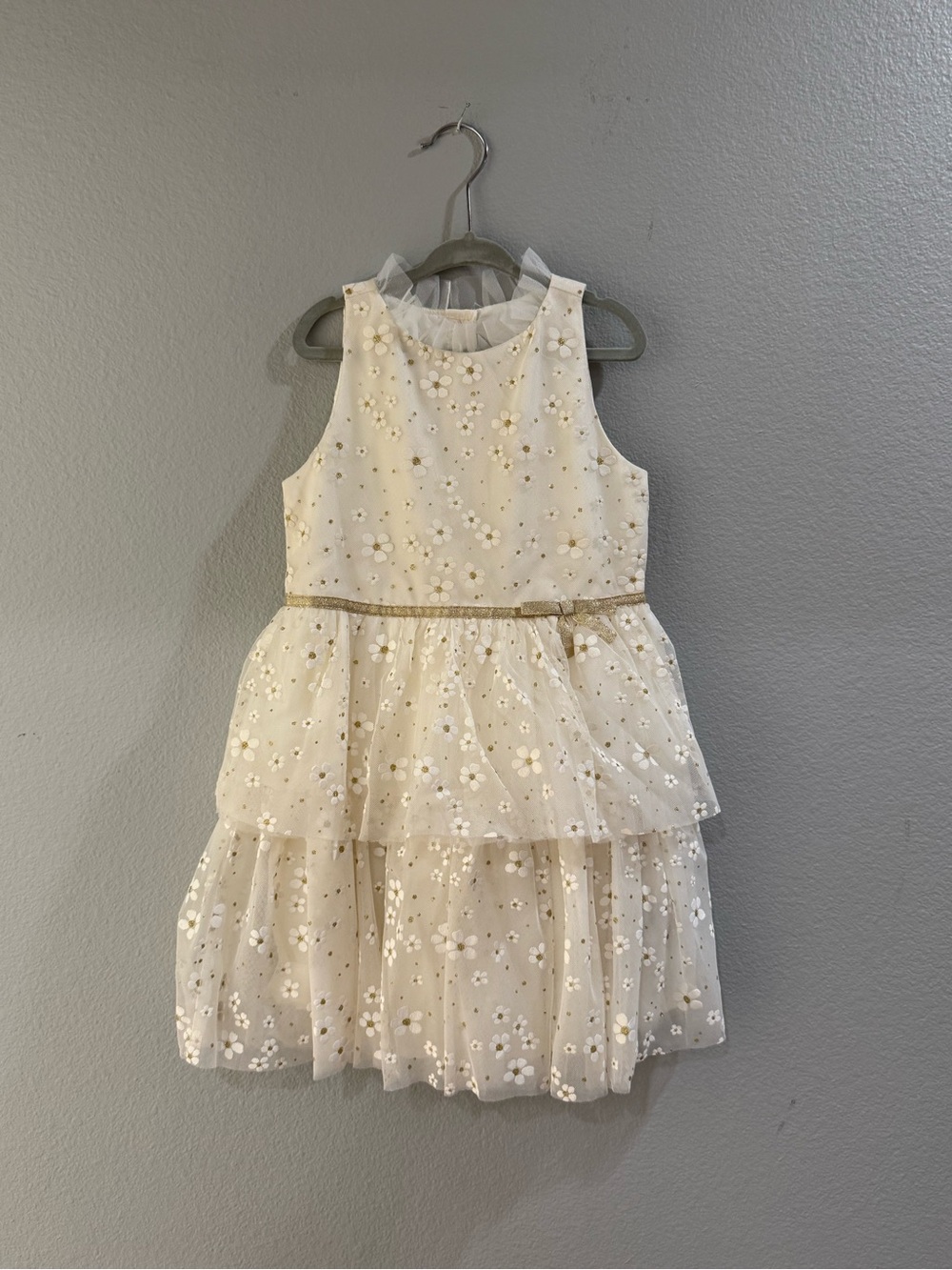 Janie and Jack Ivory Floral Tiered Party Dress with Gold Belt